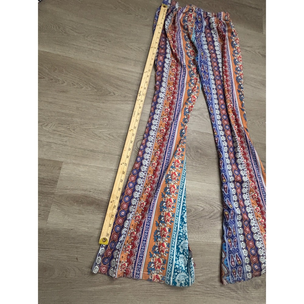 Boho Floral Paisley Flare Pants Multi Color Bell Bottom Stretch Trousers L - Picture 4 of 7
